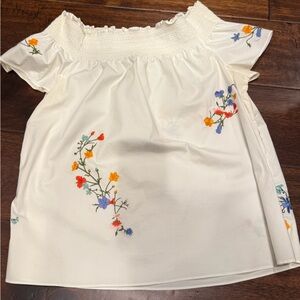 Tory burch off the shoulder white cotton blouse with floral embroidery size 12